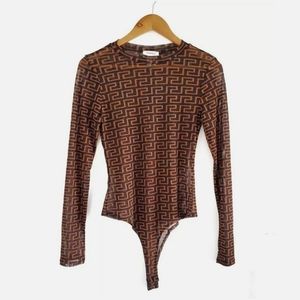 January 7 Sheer Long Sleeve Bodysuit Black/Brown L